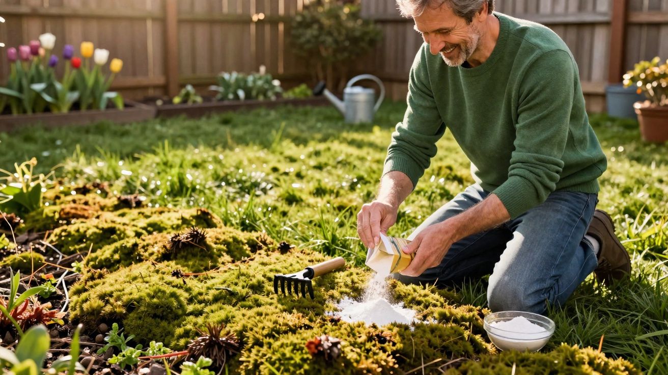 Homem sorridente de joelhos a cuidar das plantas num jardim com flores e ferramentas ao redor.