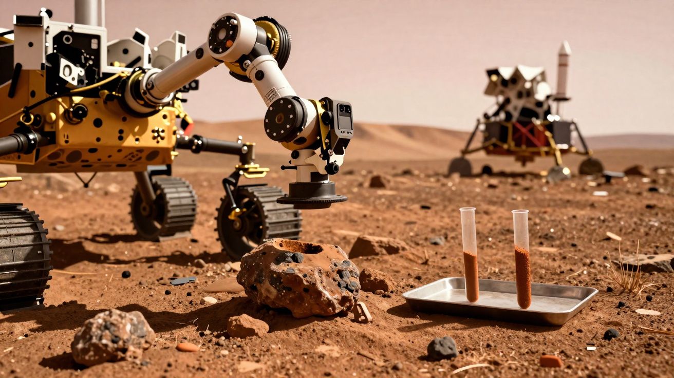 Rover a analisar uma rocha em Marte com amostras recolhidas e módulo lunar ao fundo.