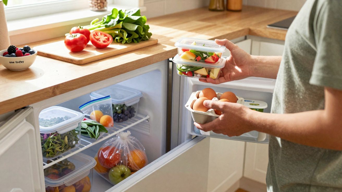 Pessoa a guardar ovos e alimentos frescos em recipientes numa pequena arca frigorífica de cozinha moderna.