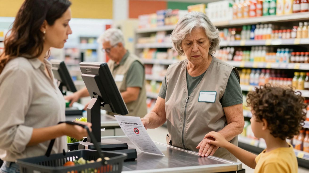 Funcionária de supermercado a atender mulher e criança na caixa, com prateleiras de produtos ao fundo.