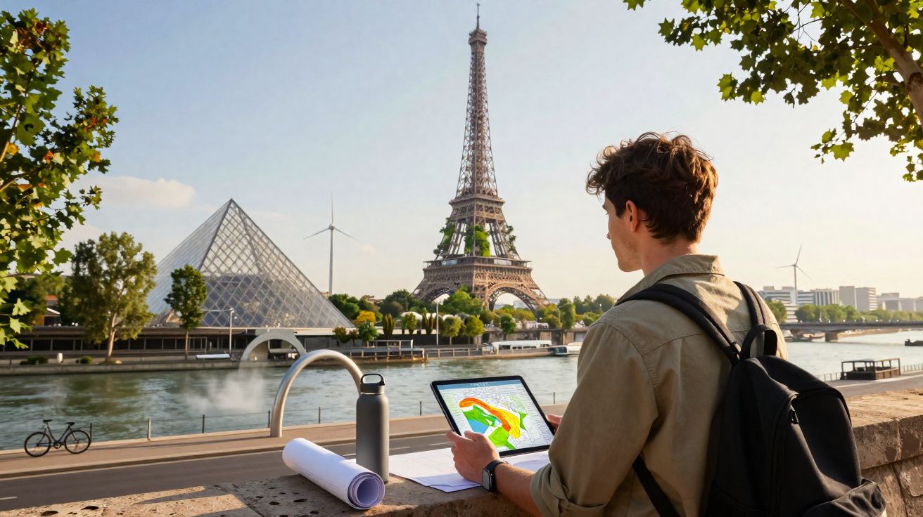 Jovem com mochila consulta tablet com mapa junto ao rio Sena com Torre Eiffel e pirâmide de vidro ao fundo.