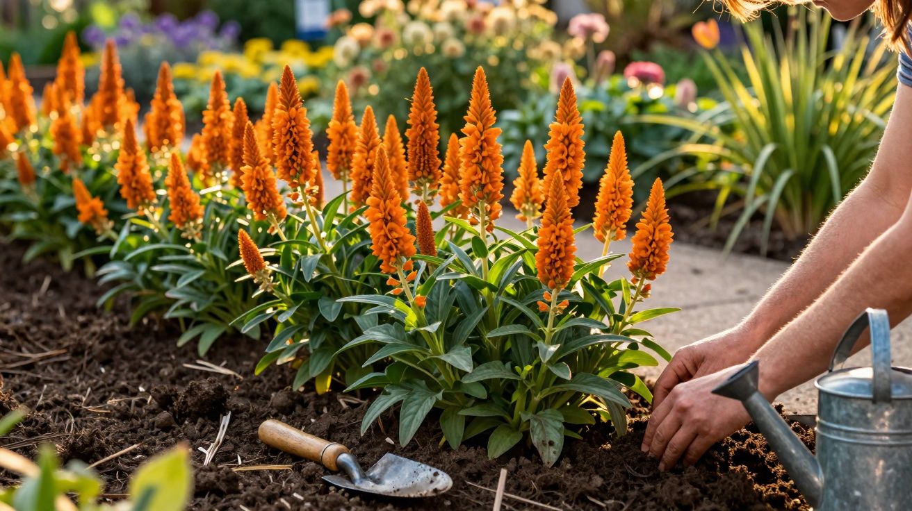Mãos a plantar flores laranja num canteiro florido com terra escura e regador metálico ao lado.