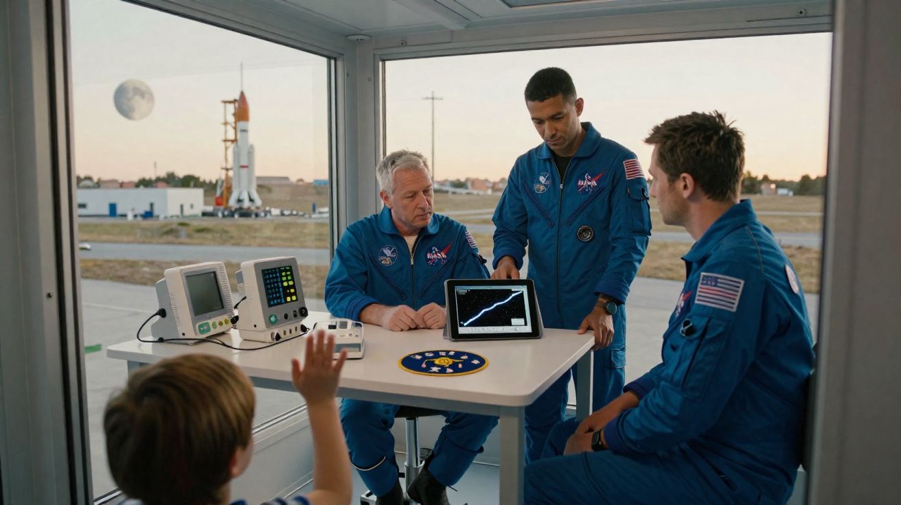 Astronautas em fatos azuis numa sala com equipamentos médicos, com um foguete e a Lua ao fundo.