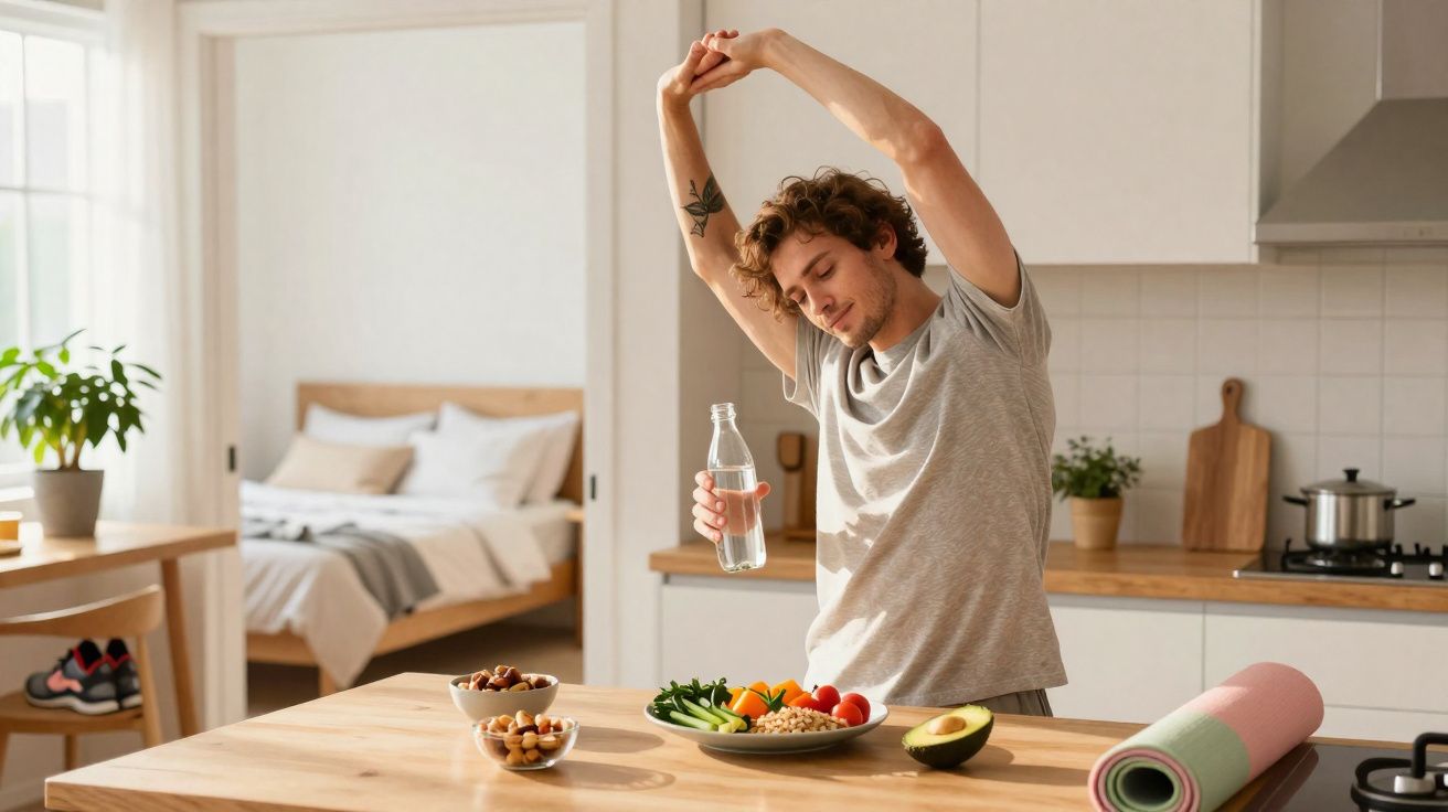 Homem jovem a alongar-se enquanto segura uma garrafa de água numa cozinha moderna e luminosa.