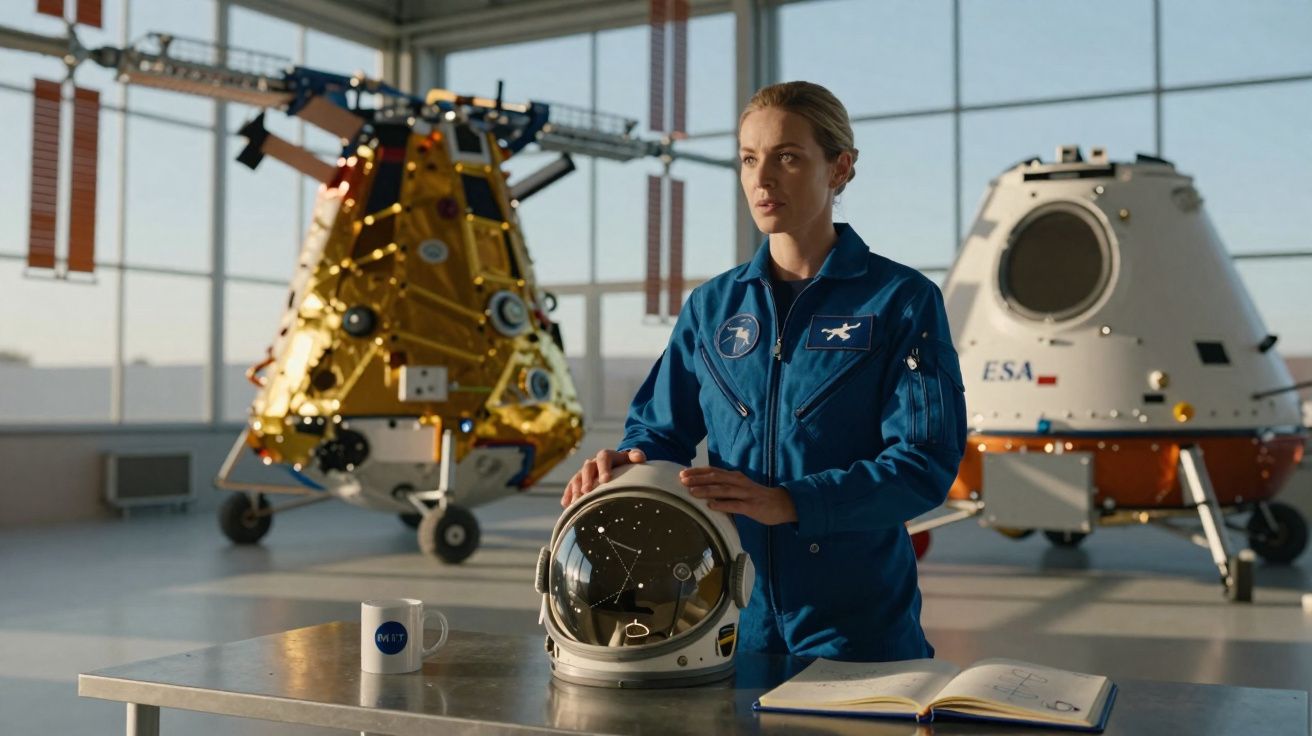 Astonauta feminina em fato azul junto a capacete espacial e módulos de navegação numa sala ampla com janelas grandes.