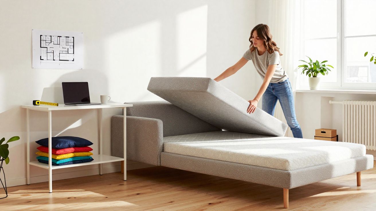 Mulher a transformar sofá-cama cinzento em cama num quarto luminoso e moderno.