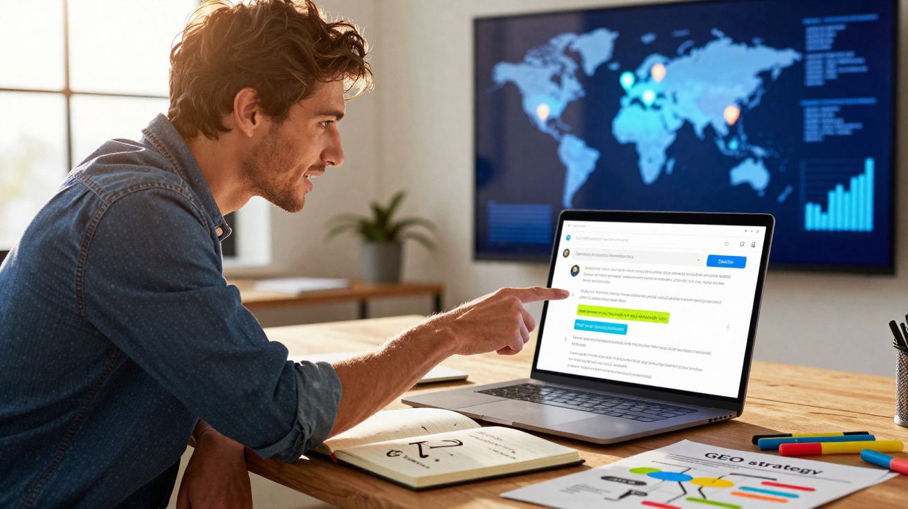 Homem a apontar para ecrã de portátil com mensagens, numa sala com mapa-múndi e documentos de estratégia geográfica.