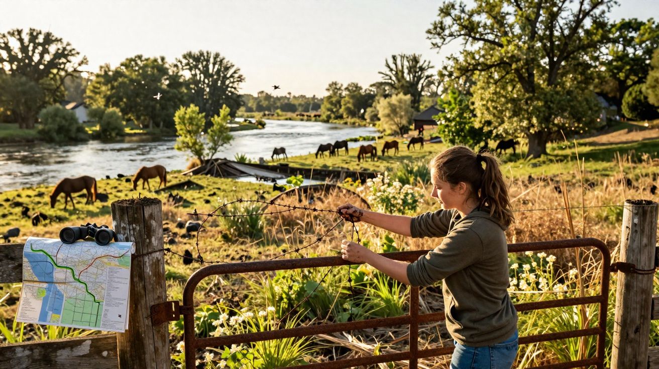 Jovem a abrir portão de quinta com mapa e binóculos, cavalos e rio ao fundo ao entardecer.