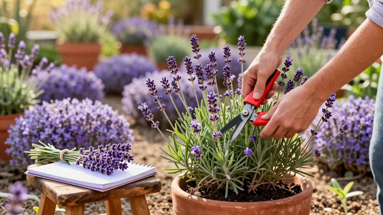 Pessoa a podar plantas de lavanda num vaso de barro, com caderno e ramo de lavanda num banco de madeira.
