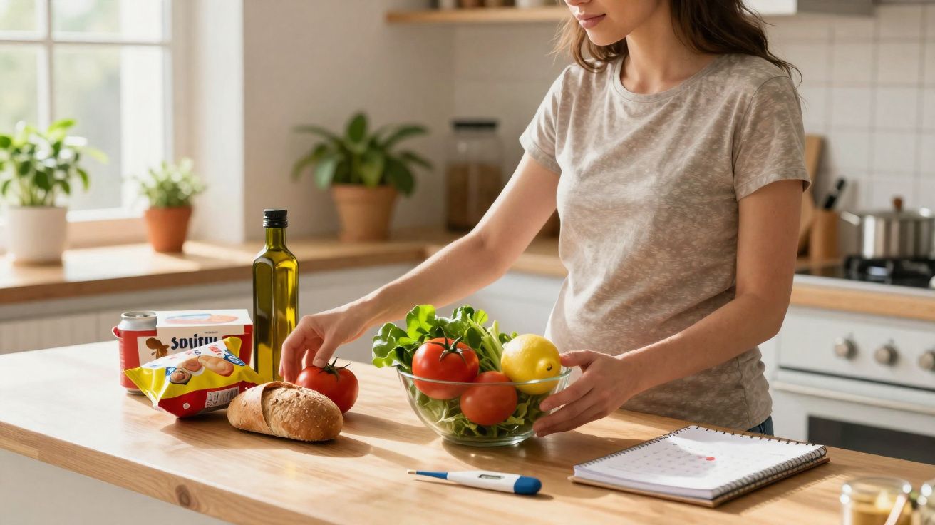 Mulher prepara salada com tomates, pão, limão e legumes numa cozinha luminosa e organizada.