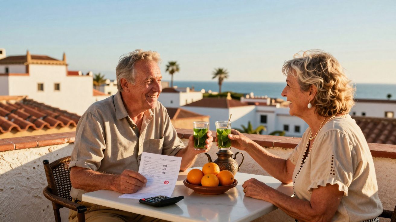 Casal idoso brindando com sumos num terraço com vista para o mar, em dia soalheiro.