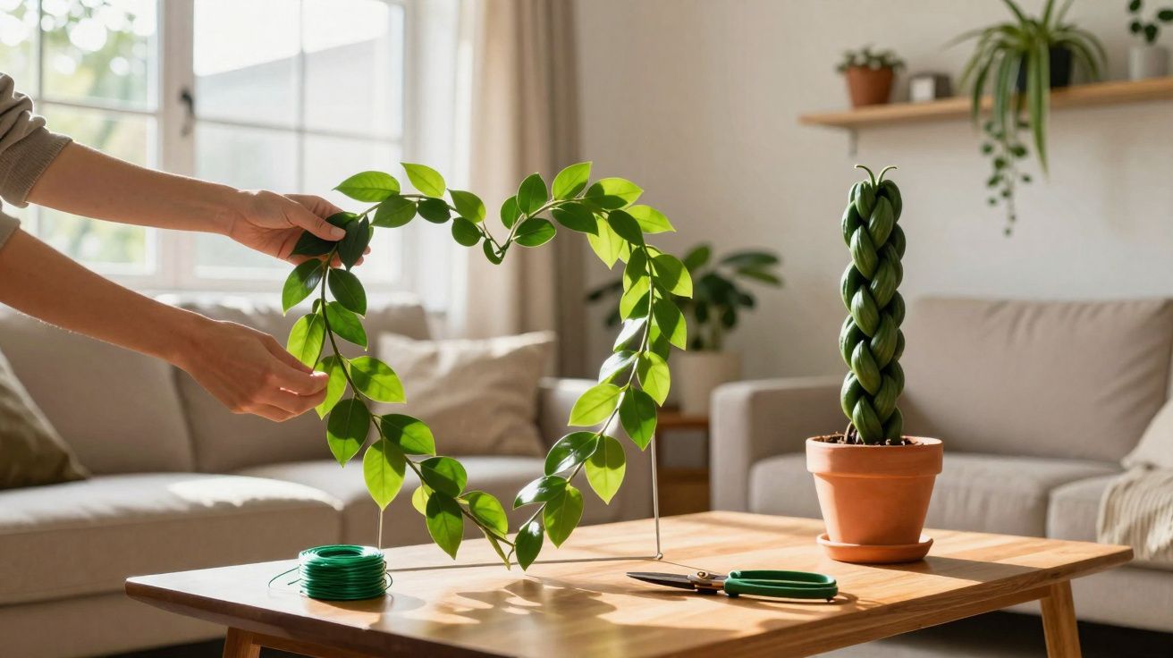 Mãos a moldar ramo verde em forma de coração numa sala de estar luminosa e moderna.