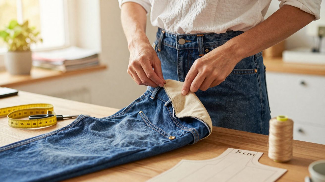 Pessoa a costurar o bolso interior de umas calças de ganga numa mesa com materiais de costura.