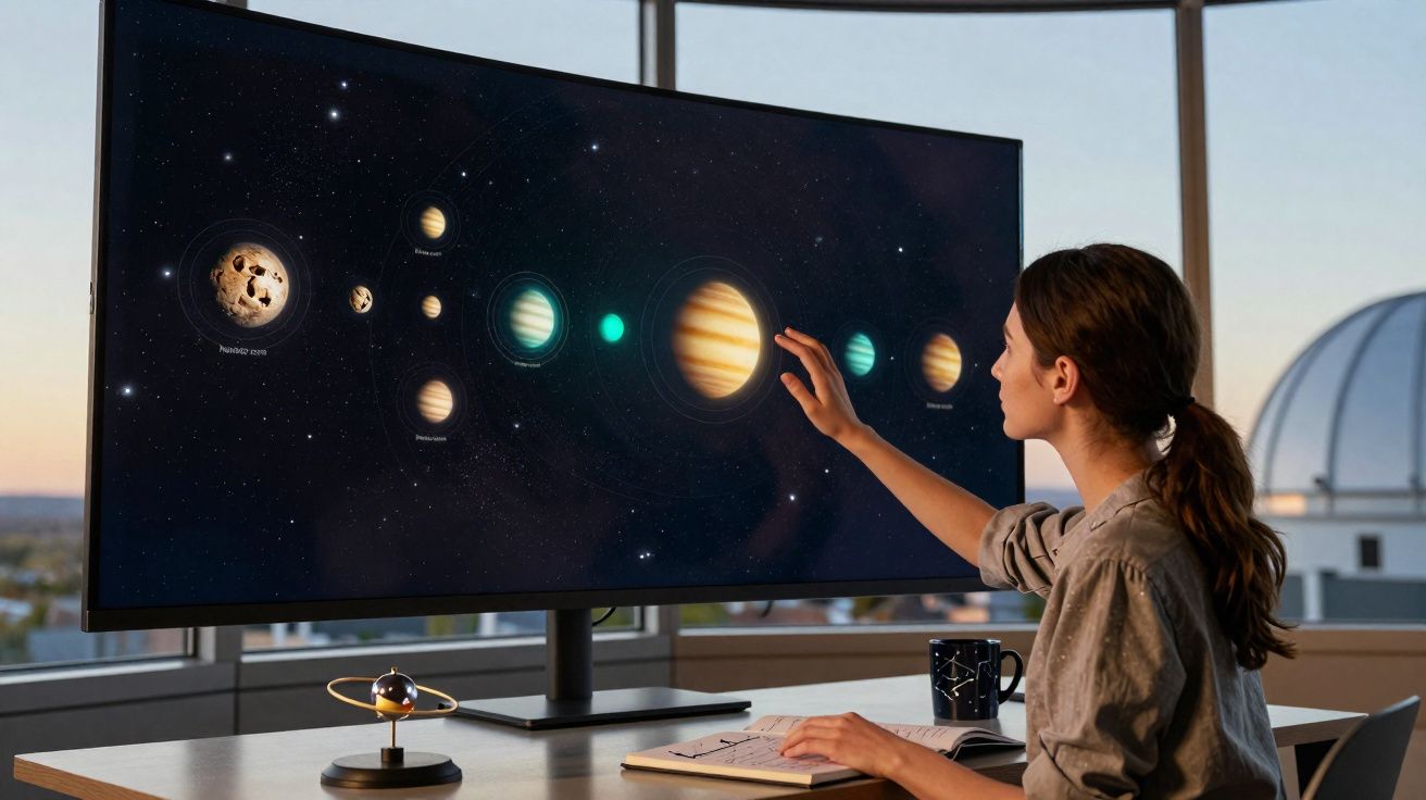 Mulher observa modelo digital do sistema solar no monitor de computador em ambiente de observatório.