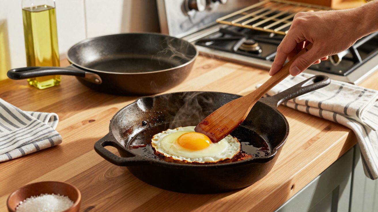Ovo estrelado a cozinhar numa frigideira de ferro num balcão de cozinha em madeira.