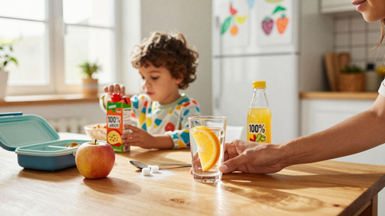 Criança a beber sumo de fruta na cozinha enquanto um adulto segura um copo com fatia de laranja.