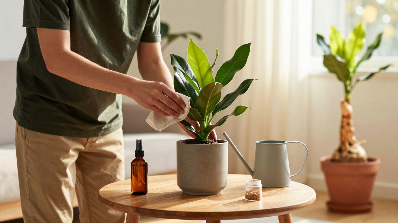 Pessoa a limpar folhas de planta num vaso cinzento sobre mesa redonda de madeira numa sala iluminada.