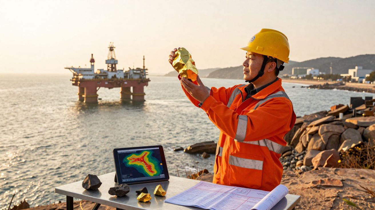 Engenheiro de petróleo com capacete e colete refletor analisa amostra de ouro junto a plataformas offshore.