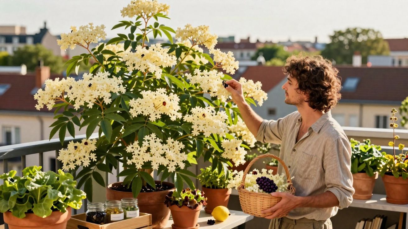 Homem colhe flores brancas numa varanda com várias plantas em vasos e cesto com uvas e flores.