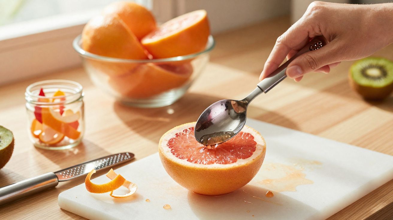 Mão a retirar polpa com colher de meia toranja sobre tábua, frutas e descascador ao redor.