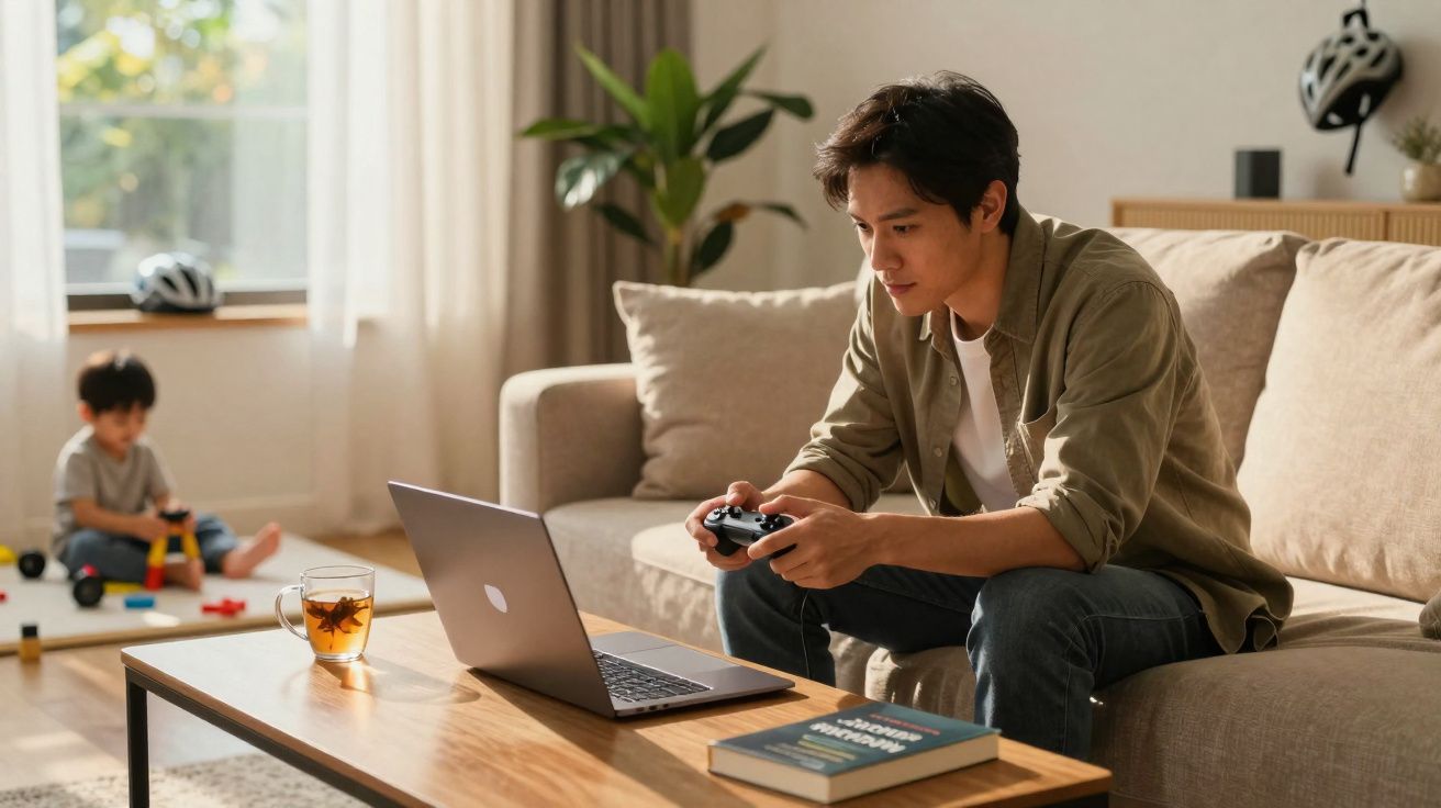 Homem sentado no sofá a jogar videojogos num comando com computador portátil à frente e criança a brincar ao fundo.