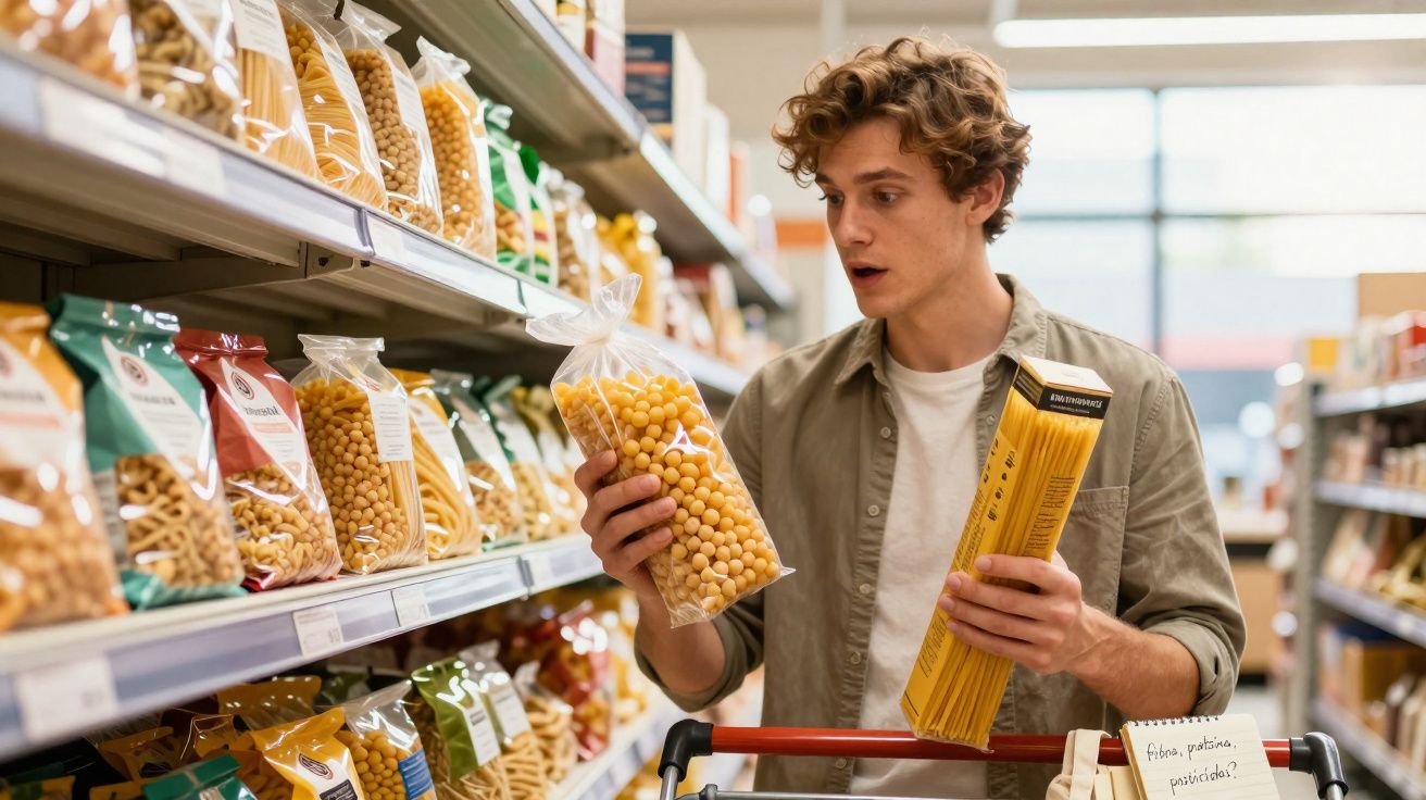 Jovem escolhe entre massas em supermercado, segurando pacote de esparguete e outro de massa redonda.