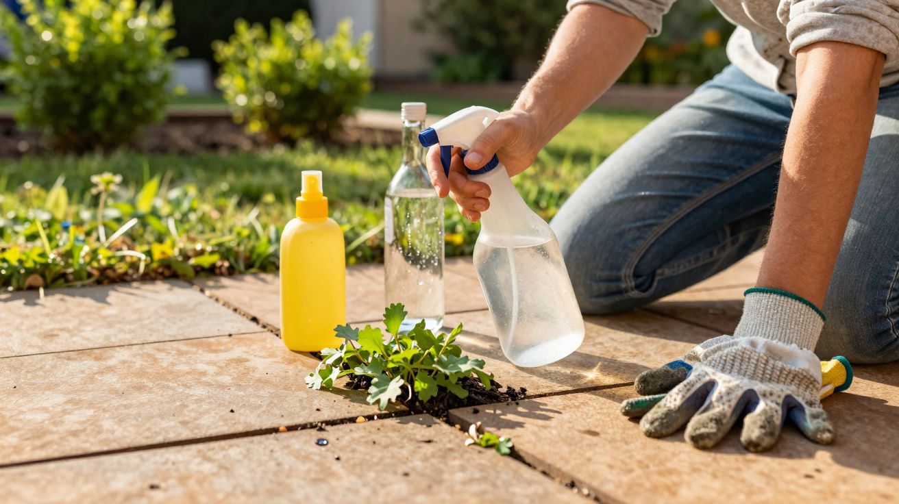 Pessoa a borrifar água numa planta entre azulejos do jardim, com luvas e garrafas ao lado.