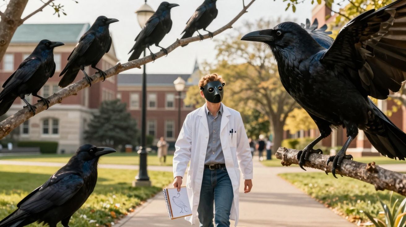Homem com bata branca e máscara de corvo caminha num campus com corvos empoleirados em ramos próximos.