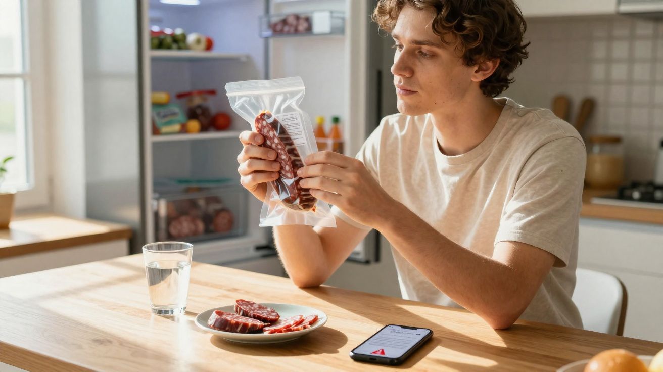 Homem jovem sentado a ler embalagem de enchido junto a prato com fatias e copo de água numa cozinha iluminada.