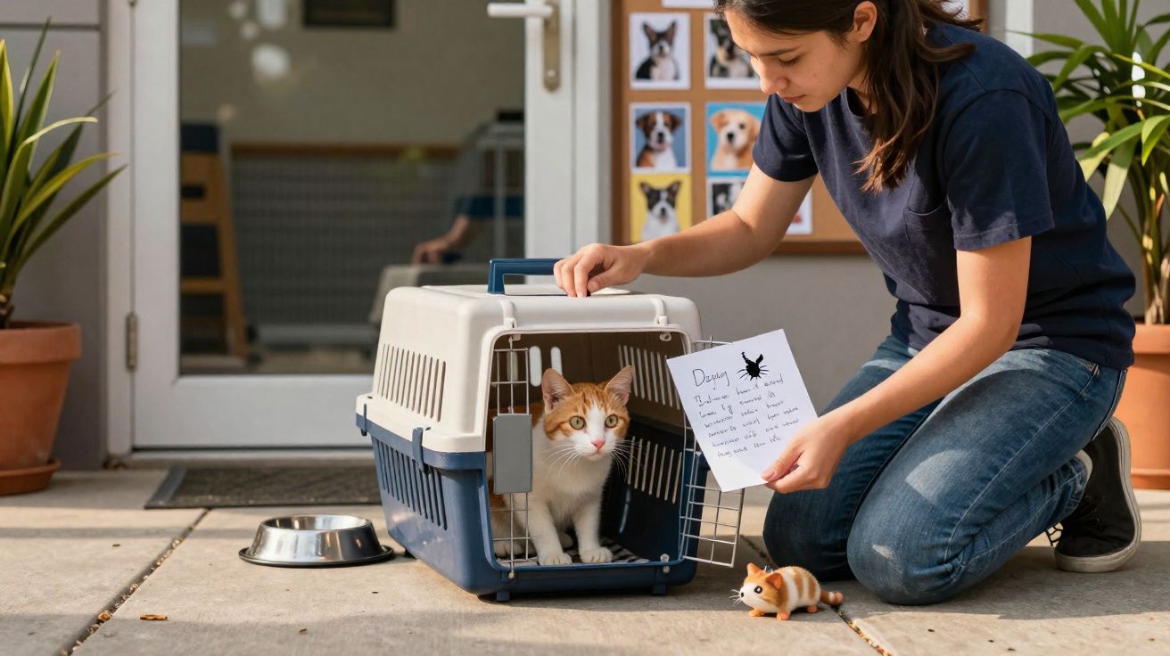 Pessoa a abrir transportadora com gato dentro, segurando papel com notas ao lado de brinquedo de rato.