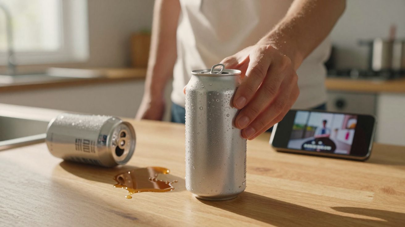 Pessoa a pegar lata de bebida com gotas de condensação numa mesa de madeira com outra lata tombada e líquido derramado.