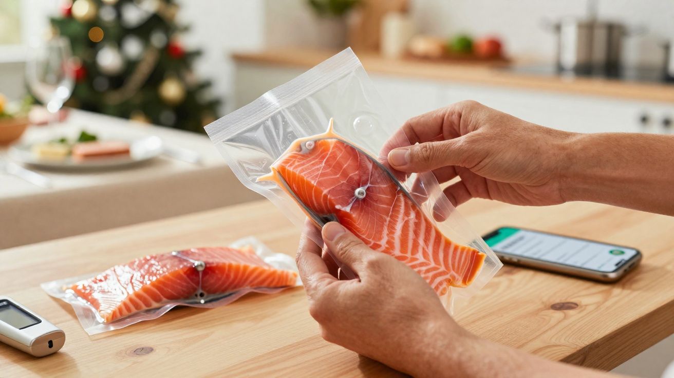 Pessoa a segurar saco plástico com salmão fresco embalado a vácuo numa cozinha com mesa de madeira.