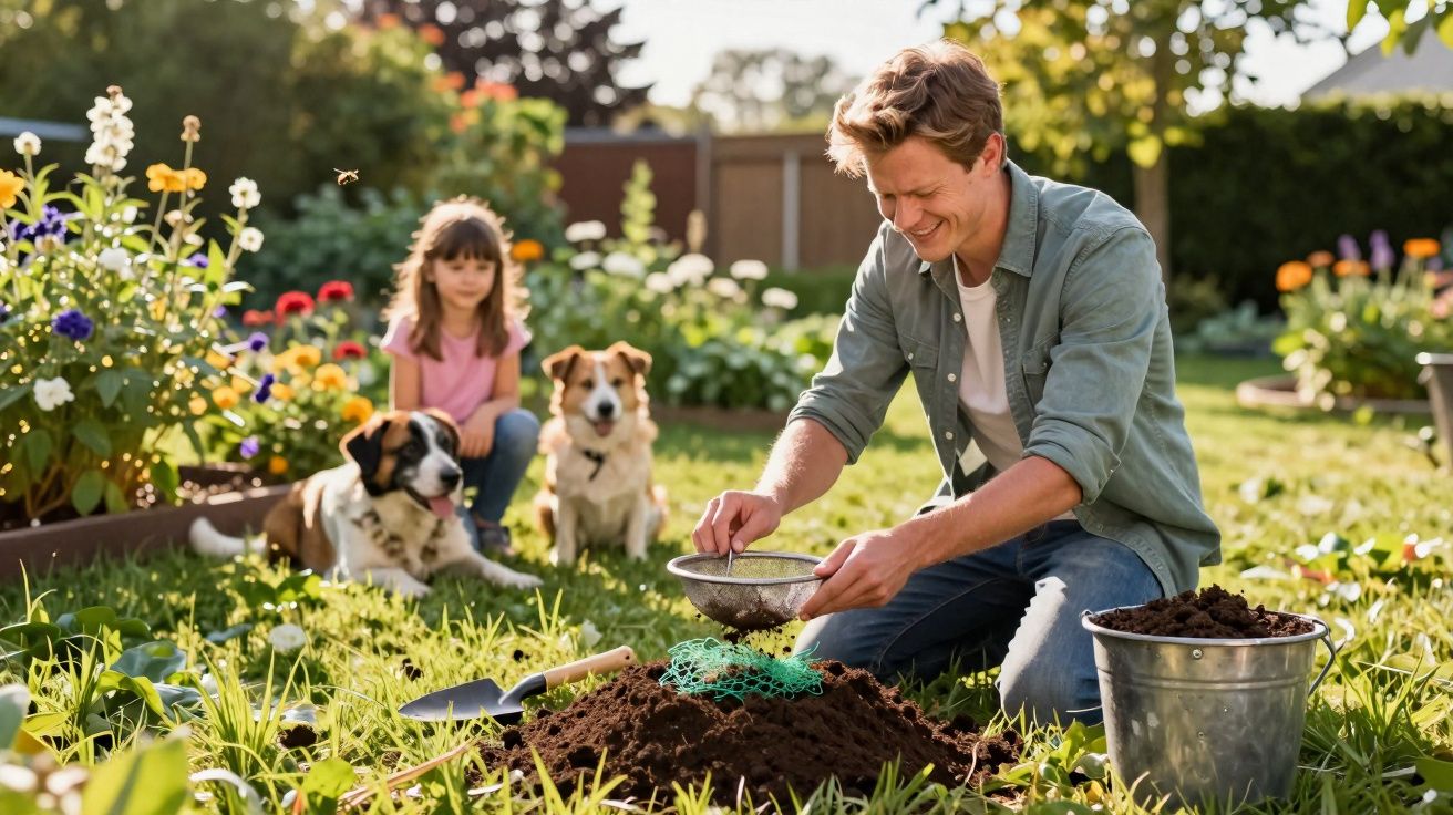 Homem a preparar terreno num jardim enquanto menina e dois cães observam sentados.