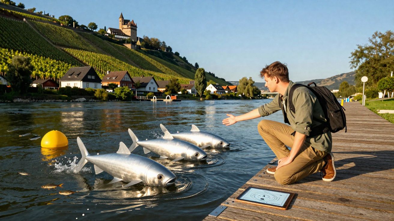 Jovem interage com peixes-robô num rio junto a um cais, com vinhas e castelo ao fundo.
