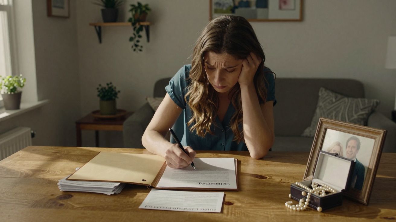 Mulher preocupada a escrever testamento numa mesa com fotografias e joias ao lado, numa sala iluminada.