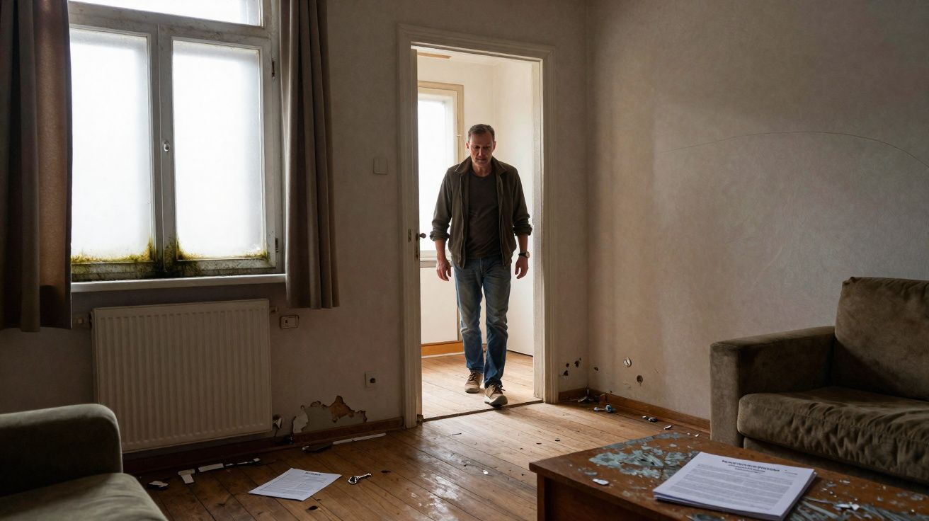 Homem entra numa sala desarrumada com vidros partidos e papéis espalhados no chão.