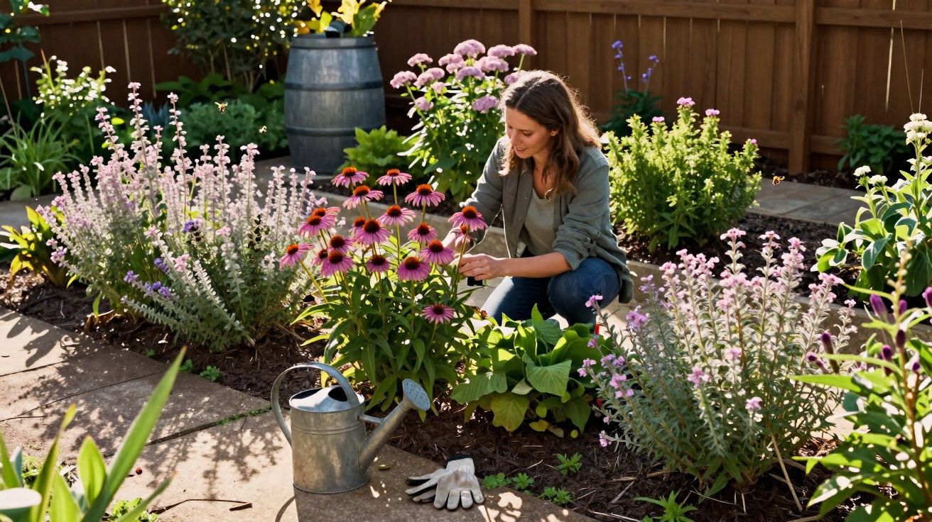 Mulher a cuidar de flores num jardim com regador e luvas no chão, num dia ensolarado.