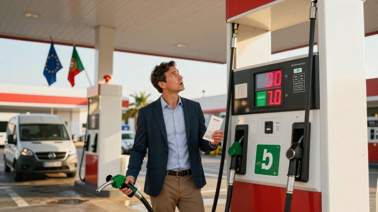 Homem com fato azul e calças castanhas abastece carro e olha para o visor da bomba de combustível numa estação.