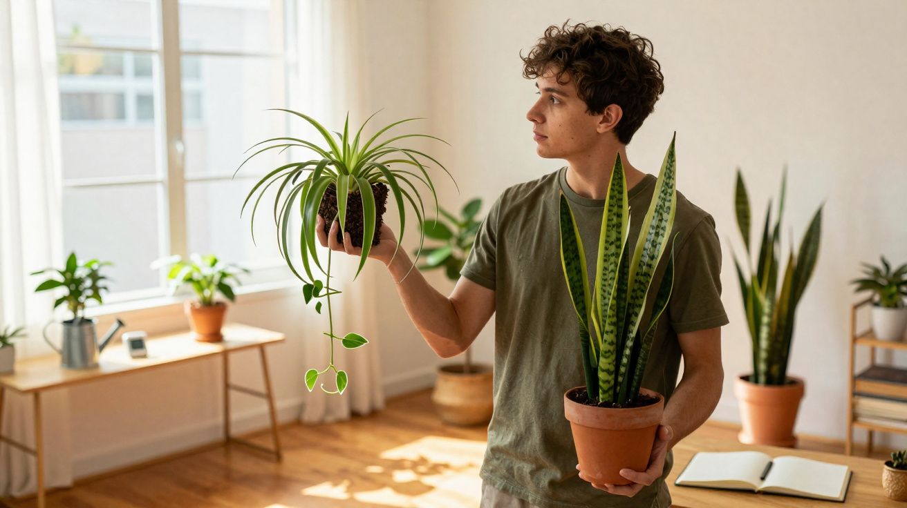 Jovem a segurar duas plantas em vasos num quarto iluminado com várias plantas ao fundo.
