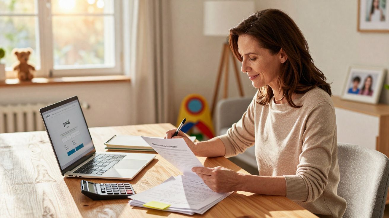 Mulher sentada a trabalhar com documentos e portátil numa mesa iluminada por luz natural.