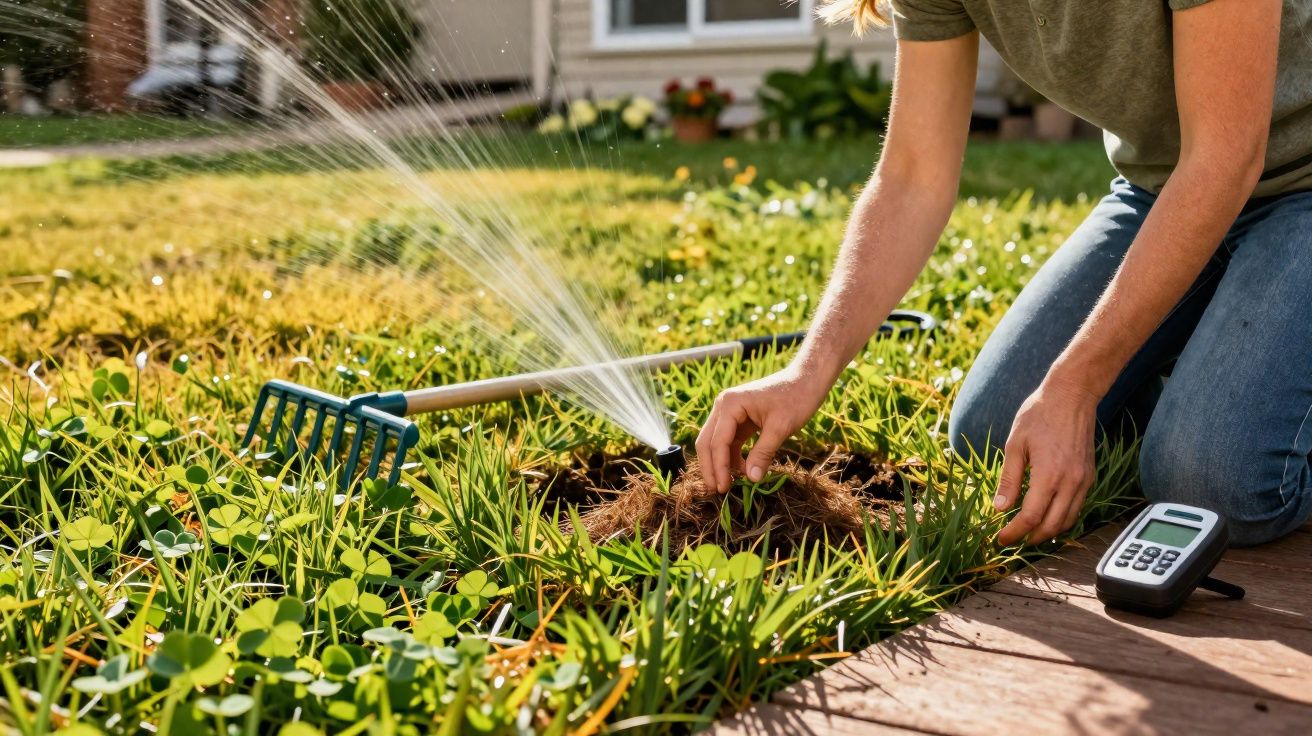 Pessoa a cuidar do jardim enquanto o sistema de irrigação rega as plantas num dia ensolarado.