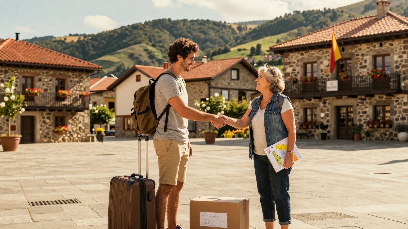Homem com mala e mochila cumprimenta senhora com mapa numa praça soalheira de aldeia com casas de pedra.