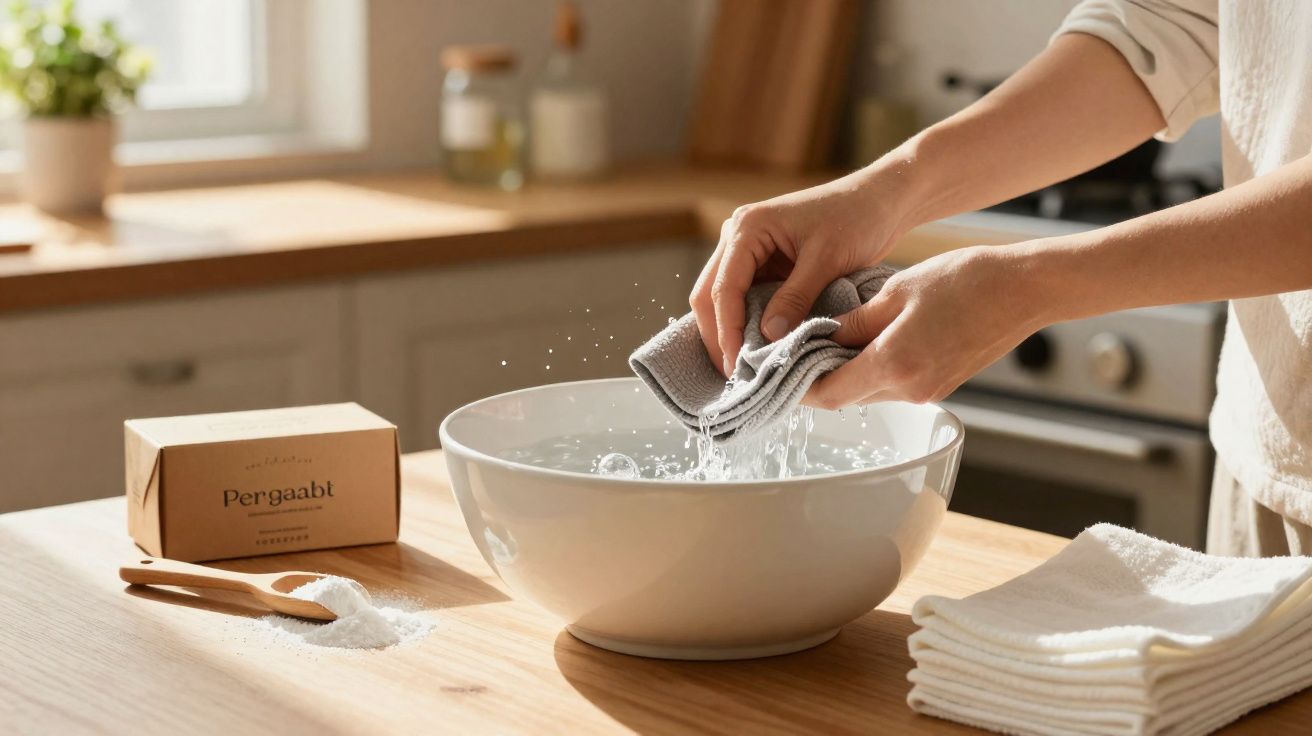 Pessoa a torcer um pano sobre uma bacia branca numa cozinha iluminada a luz natural.