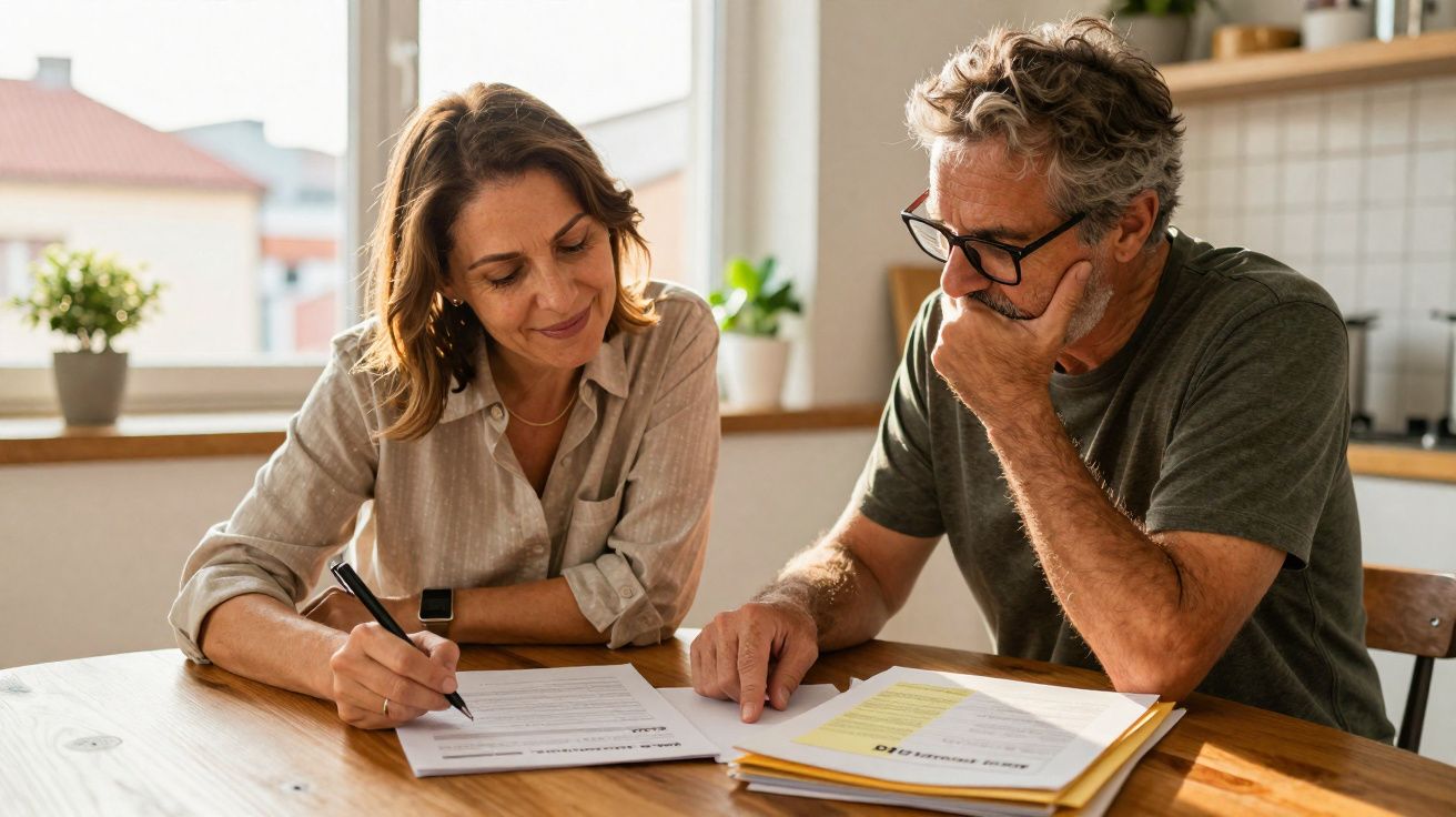 Casal adulto a assinar documentos juntos numa mesa em ambiente doméstico iluminado.
