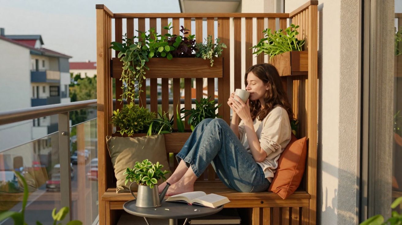Mulher sentada num banco de madeira numa varanda com plantas, a beber de uma caneca e a relaxar.