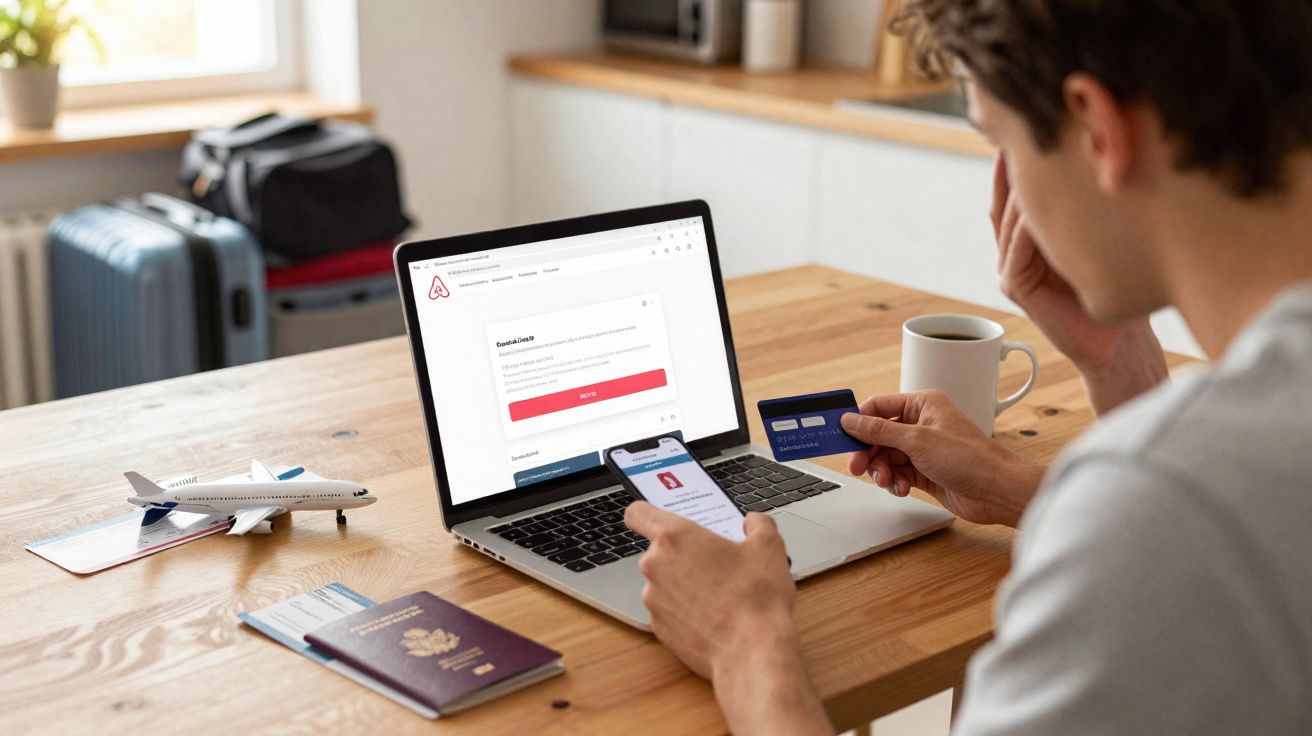 Pessoa a fazer reserva online num site de viagens, com cartão bancário, telemóvel e documentos na mesa.