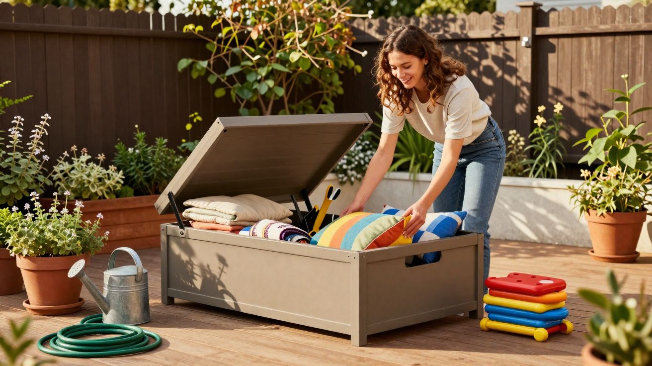 Mulher a arrumar almofadas coloridas numa caixa de arrumação no terraço com plantas à volta.