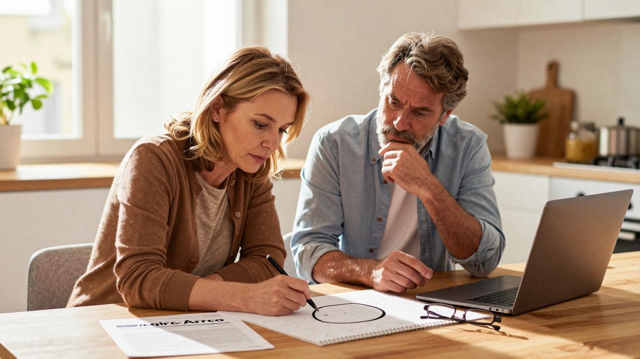 Casal sentado à mesa a analisar documentos e planear finanças com um portátil e papéis.