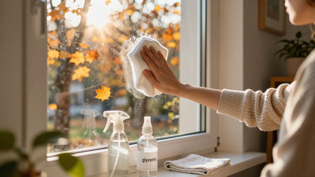 Pessoa a limpar uma janela com pano branco em dia de sol com garrafas de spray na frente.