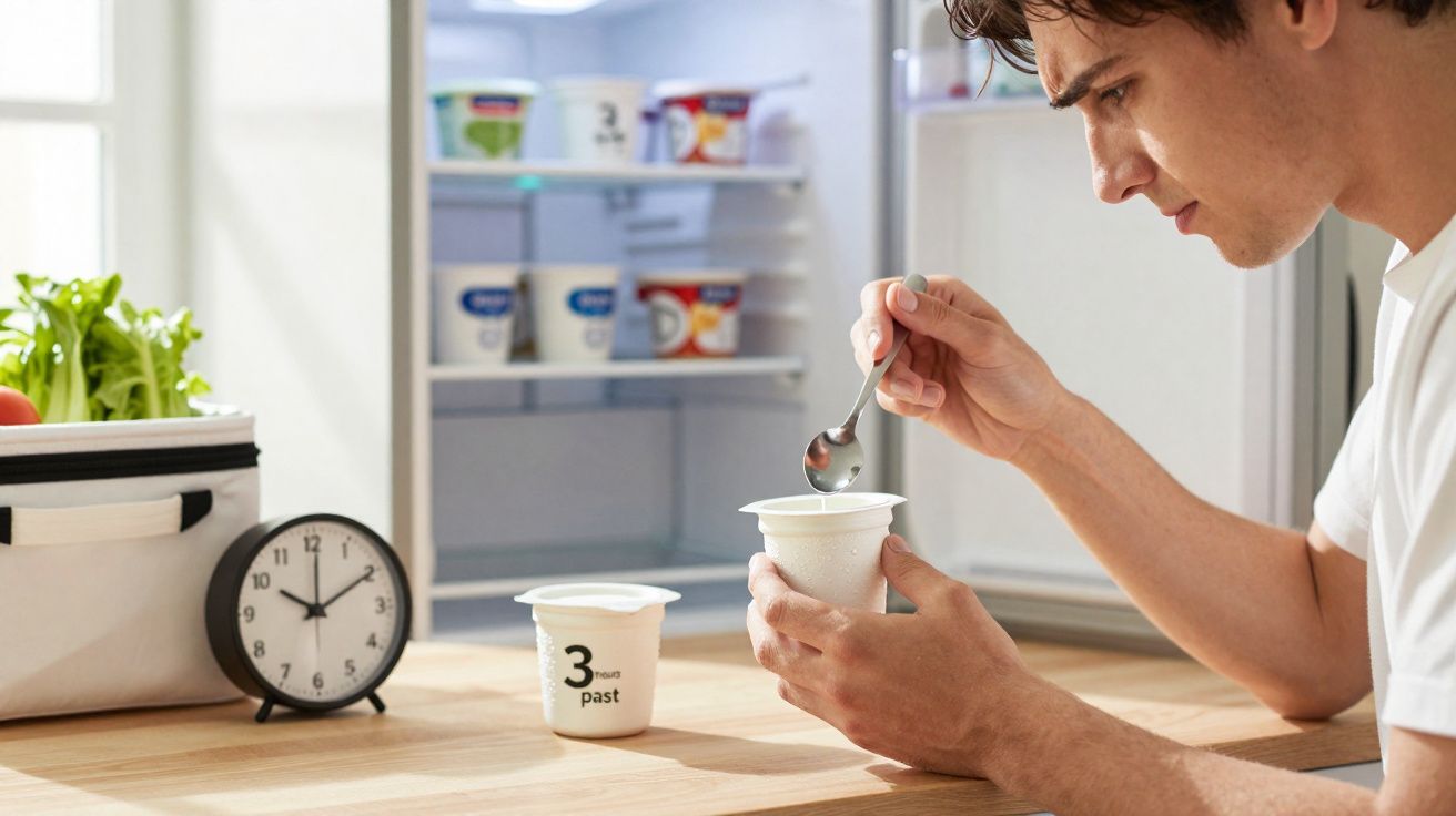 Homem a comer iogurte sentado à mesa com frigorífico aberto e relógio na cozinha.